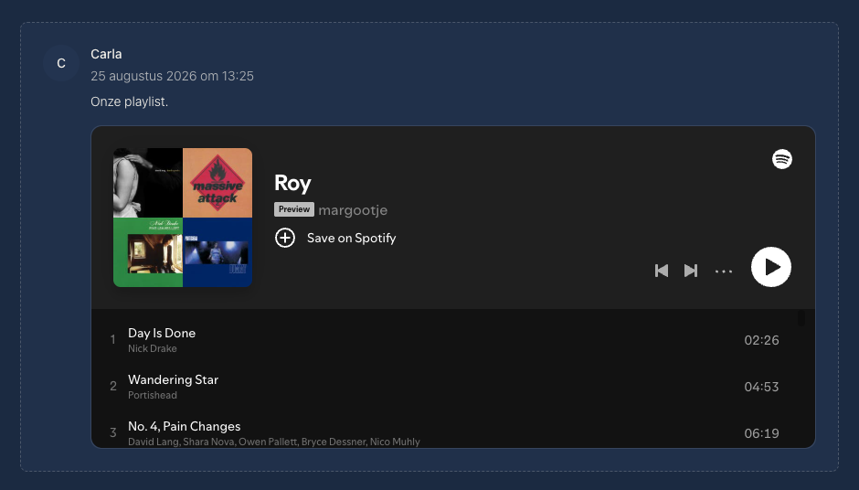 Een condoleancebericht met daaronder een ingesloten Spotify-playlist, in het thema Nachtblauw