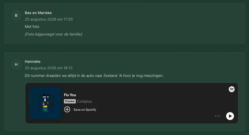 Condoleancebericht met een ingesloten Spotify-nummer op een herdenkingspagina
