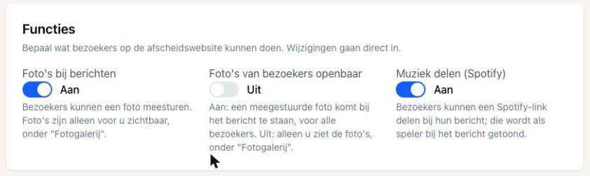 Drie schakelaars op de beheerpagina: foto's bij berichten, foto's openbaar, muziek delen