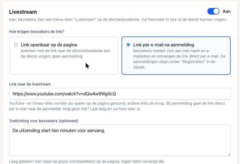 Livestream-instellingen op de beheerpagina: openbaar of na aanmelding, link en toelichting