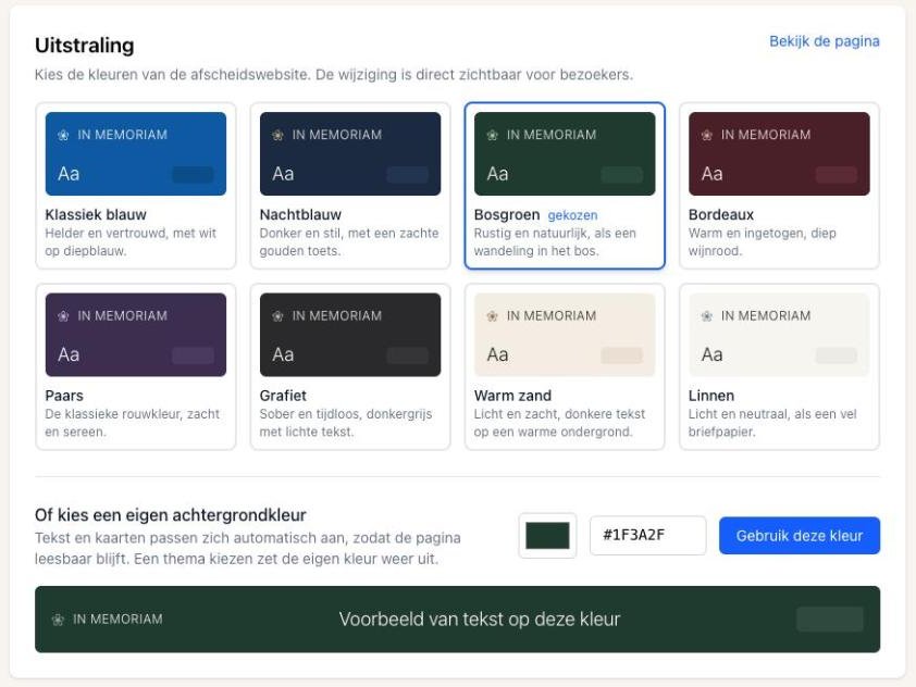 Themakiezer op de beheerpagina met acht kleurstalen en een eigen achtergrondkleur